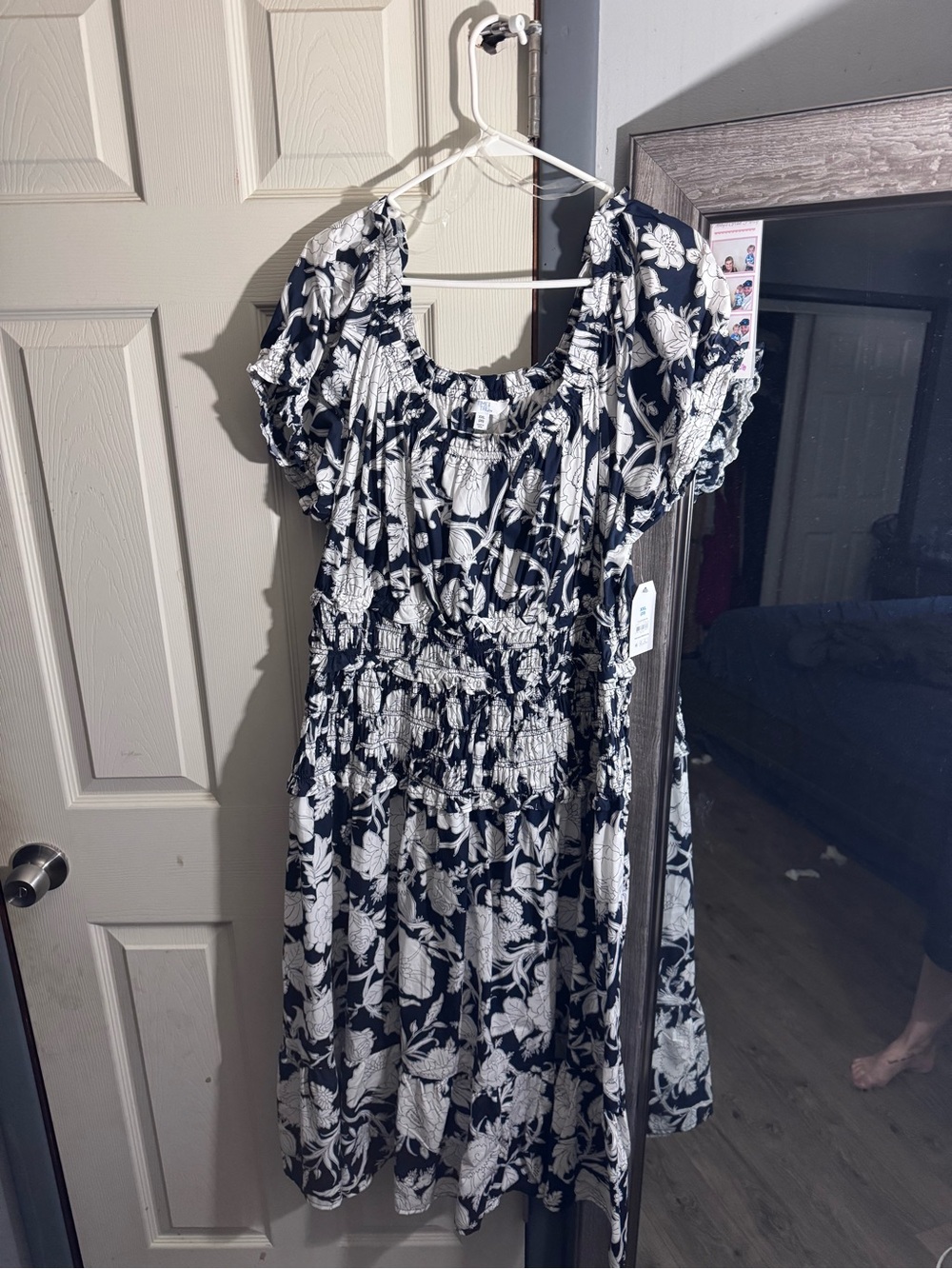 Time and Tru Black & White Floral Smocked Midi Dress